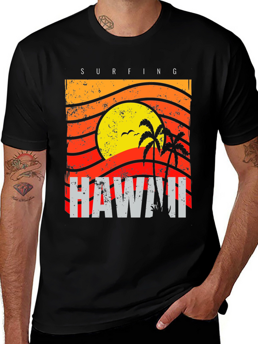 Camiseta Negra con Diseño de Hawaii Surfing