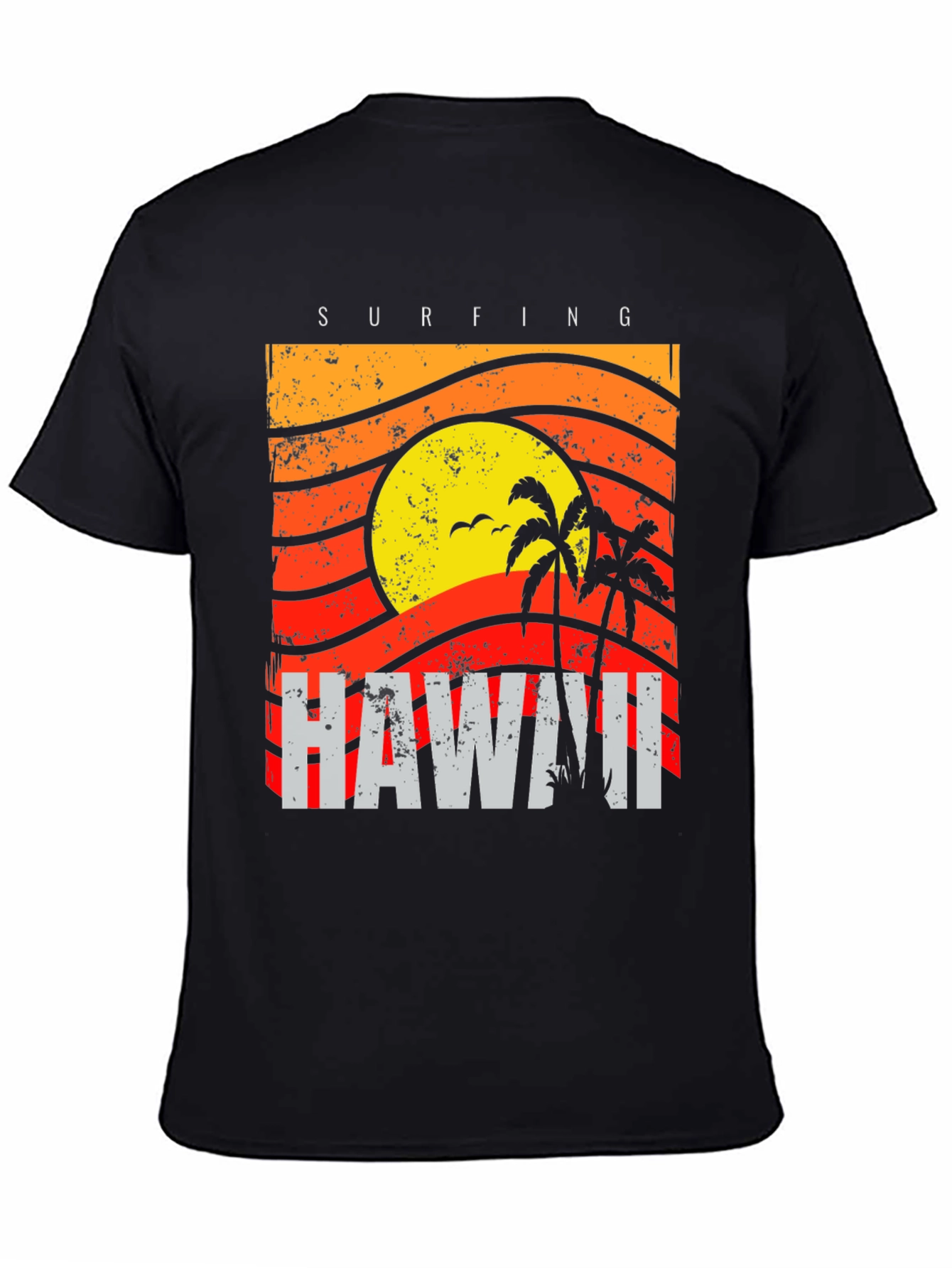 Camiseta Negra con Diseño de Hawaii Surfing