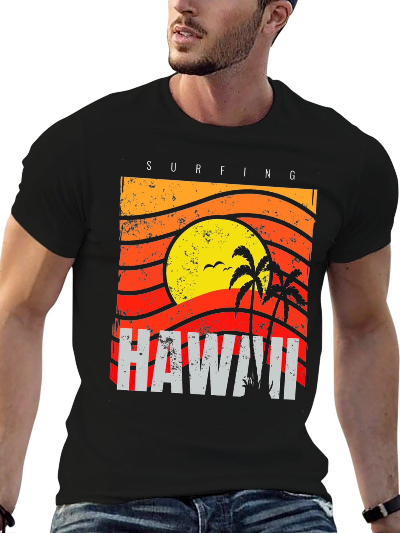 Camiseta Negra con Diseño de Hawaii Surfing