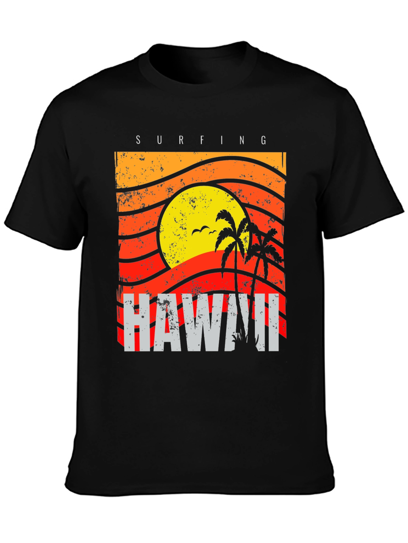 Camiseta Negra con Diseño de Hawaii Surfing
