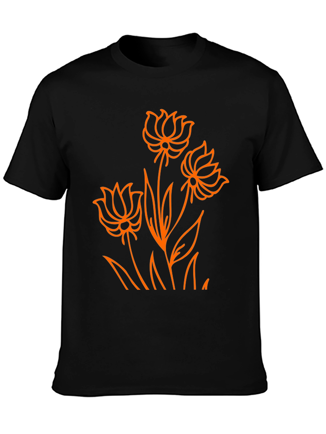 Camiseta Negra con Diseño Floral Naranja