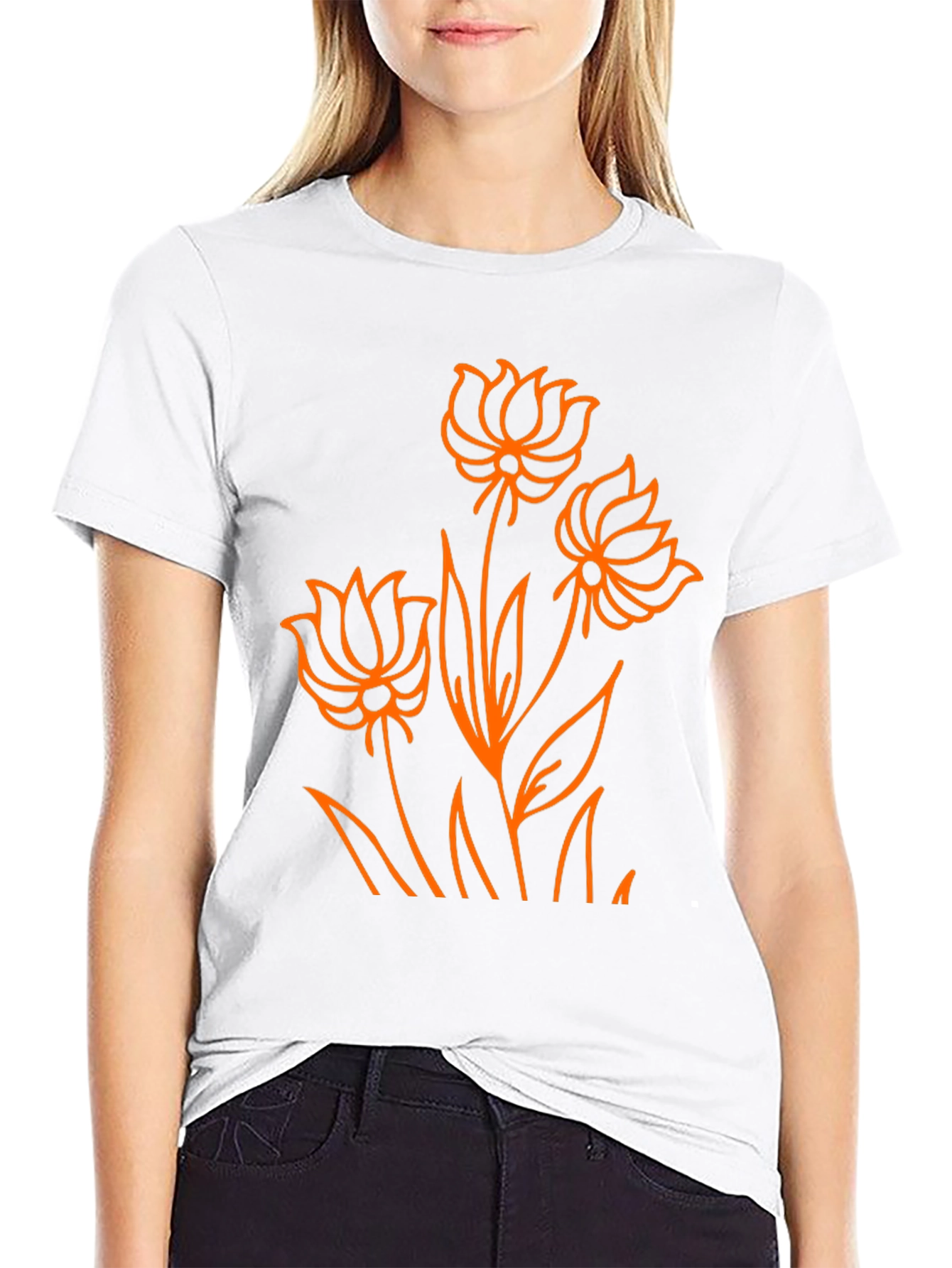 Camiseta Negra con Diseño Floral Naranja