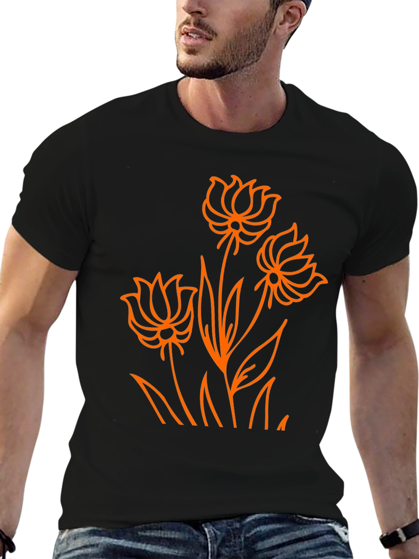 Camiseta Negra con Diseño Floral Naranja