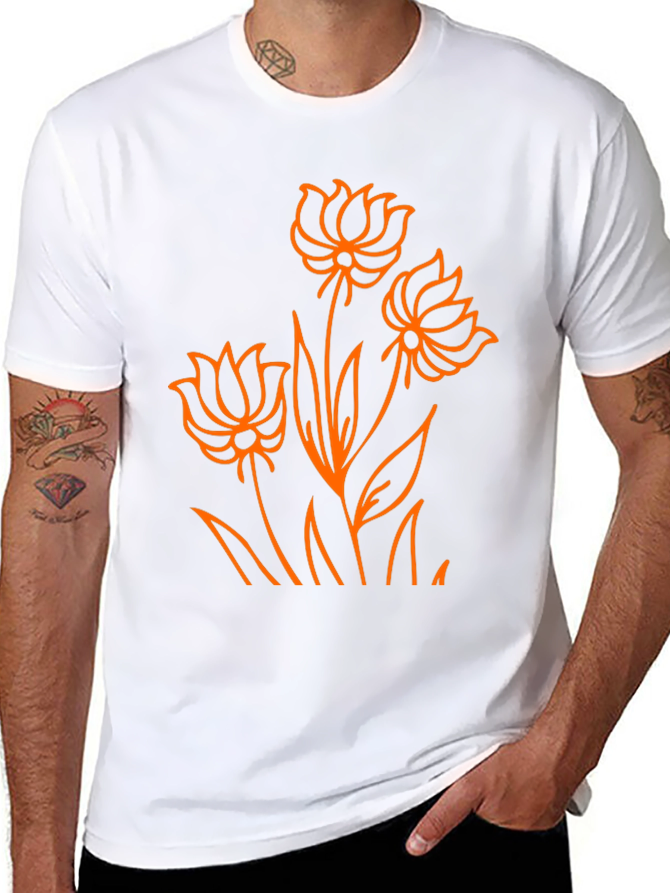 Camiseta Negra con Diseño Floral Naranja