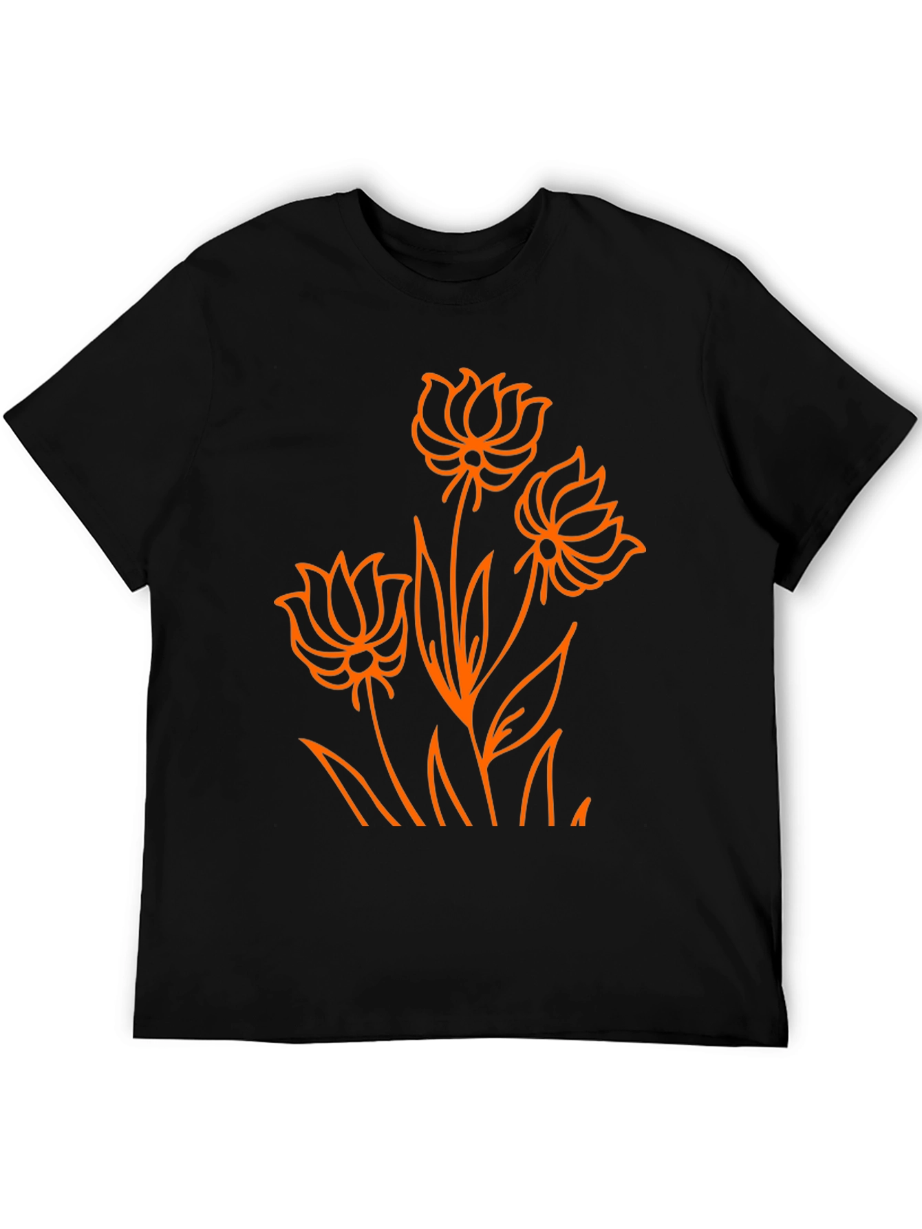 Camiseta Negra con Diseño Floral Naranja