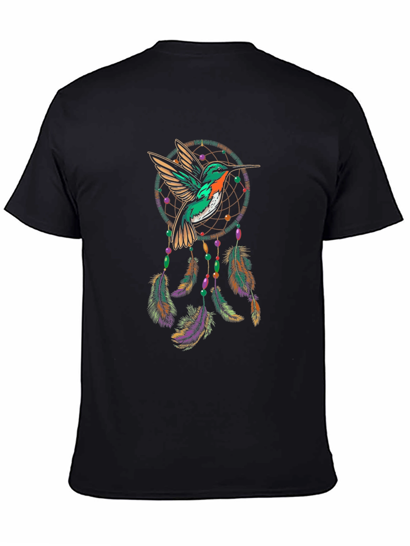 Camiseta Negra con Diseño de Colibrí y Atrapasueños