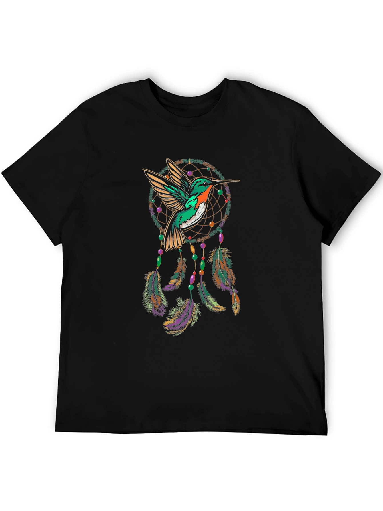 Camiseta Negra con Diseño de Colibrí y Atrapasueños