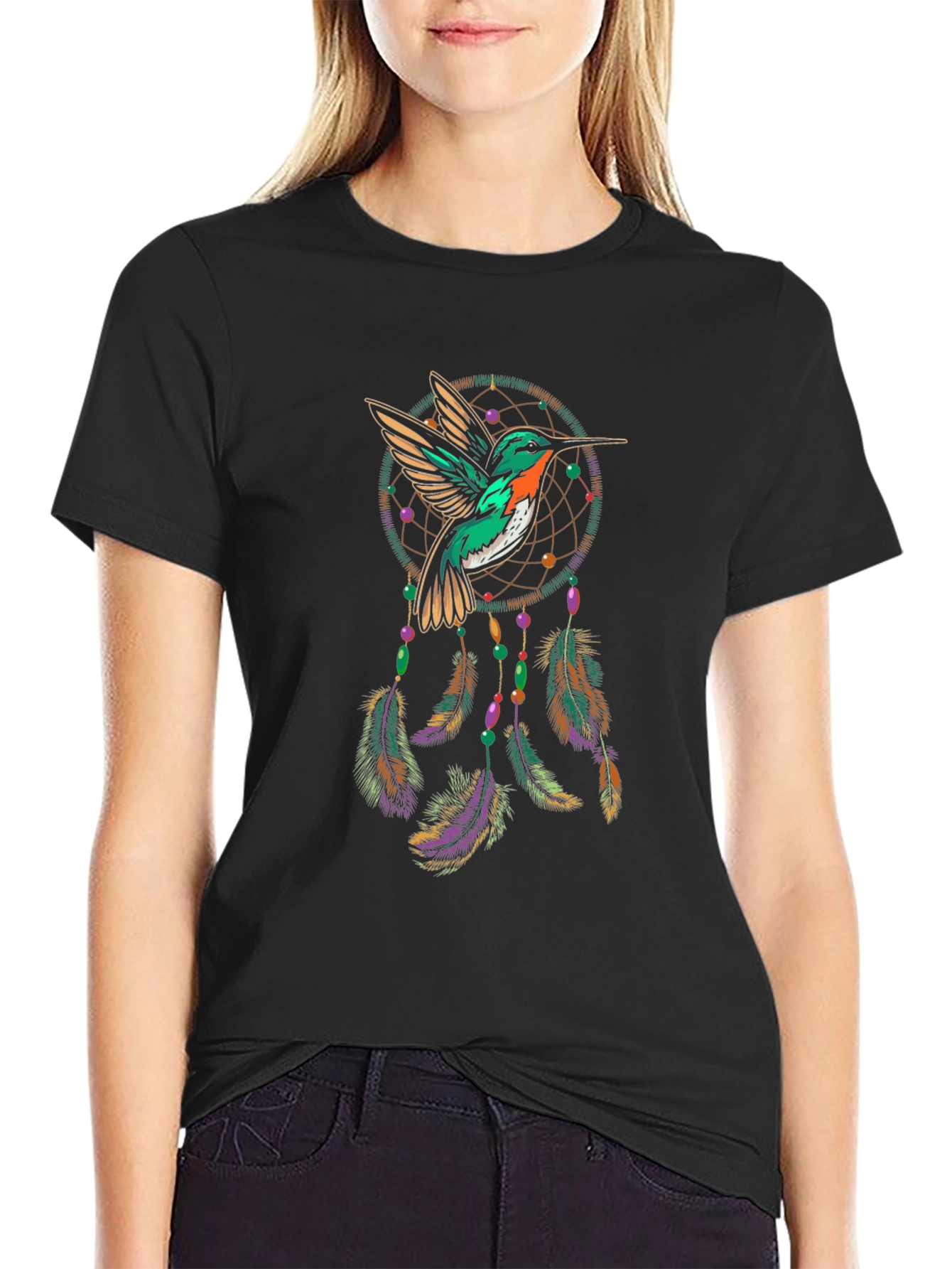 Camiseta Negra con Diseño de Colibrí y Atrapasueños