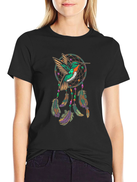Camiseta Negra con Diseño de Colibrí y Atrapasueños