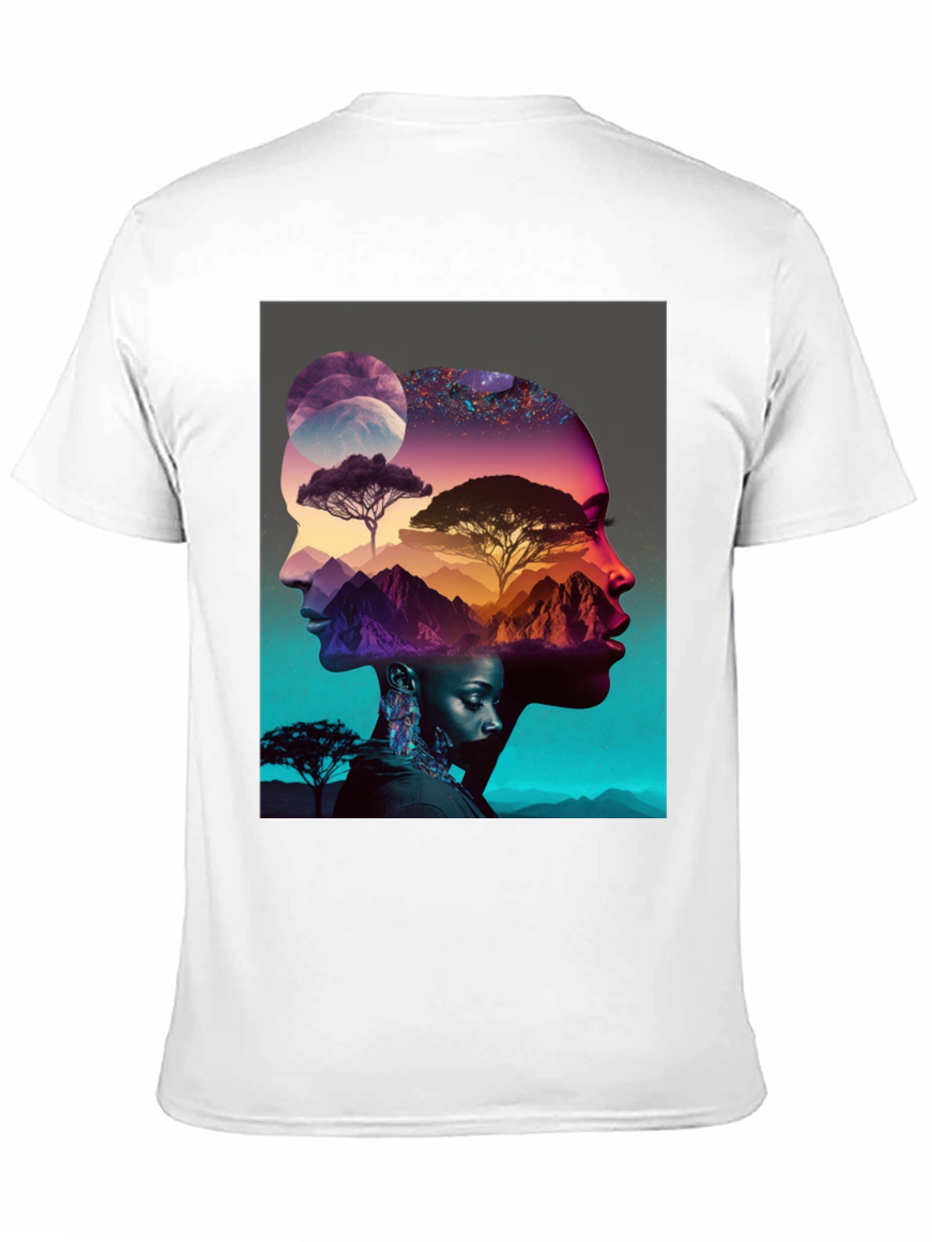 Camiseta Negra con Diseño Abstracto de Naturaleza y Rostros