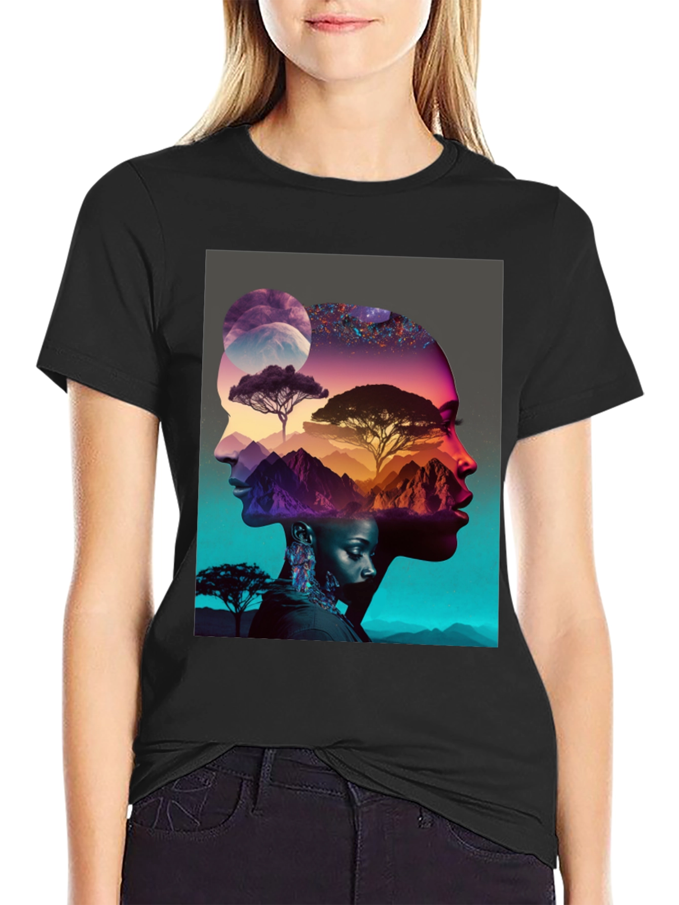 Camiseta Negra con Diseño Abstracto de Naturaleza y Rostros