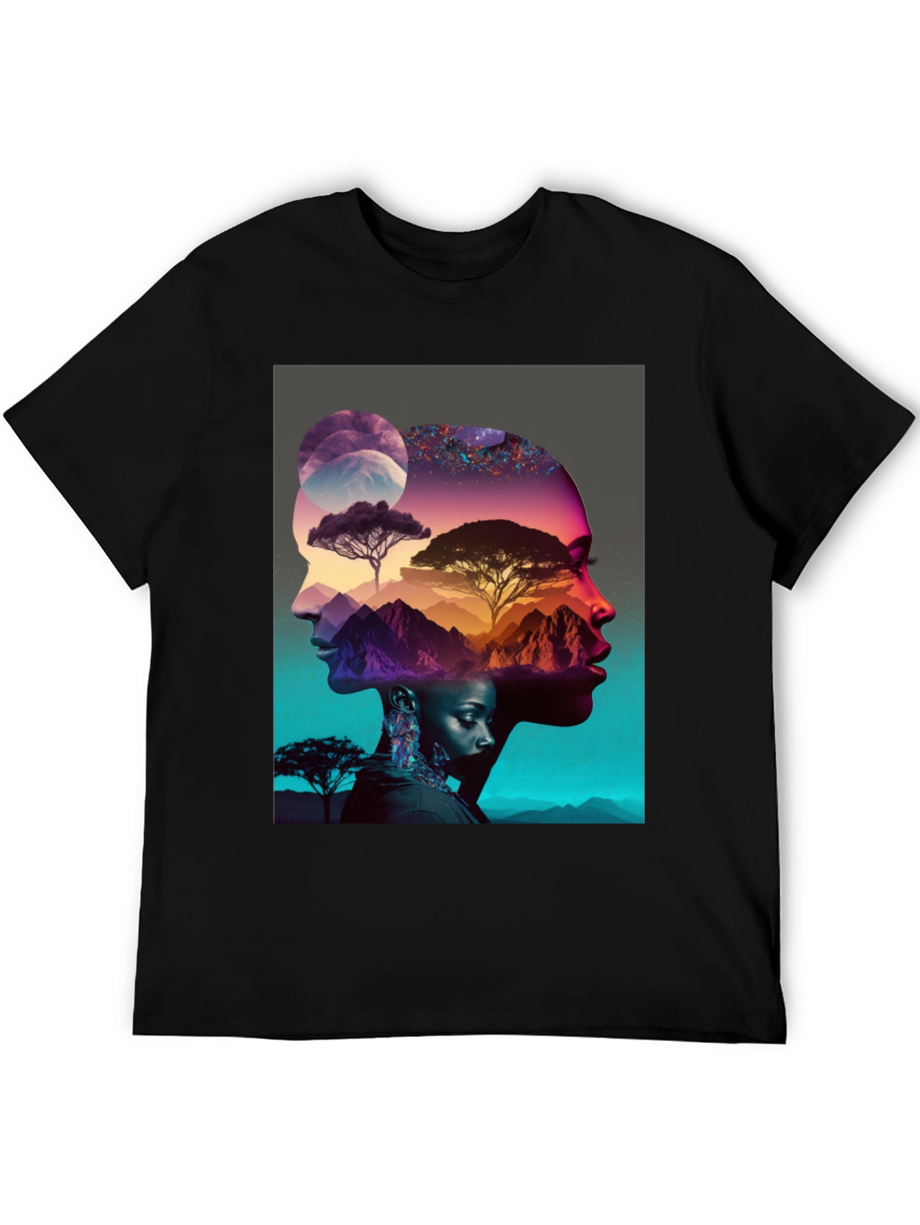Camiseta Negra con Diseño Abstracto de Naturaleza y Rostros