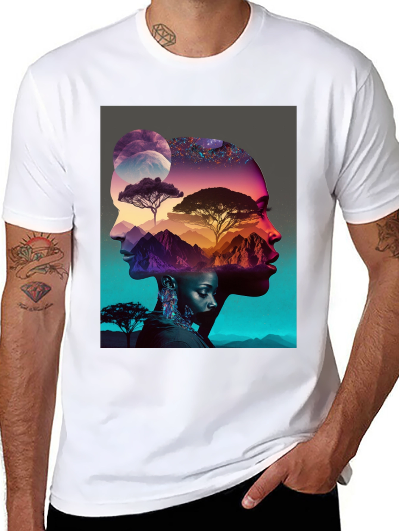 Camiseta Negra con Diseño Abstracto de Naturaleza y Rostros