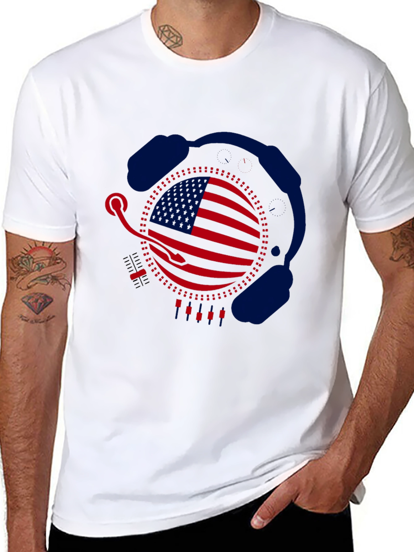 Camiseta Negra Diseño Bandera USA con Auriculares