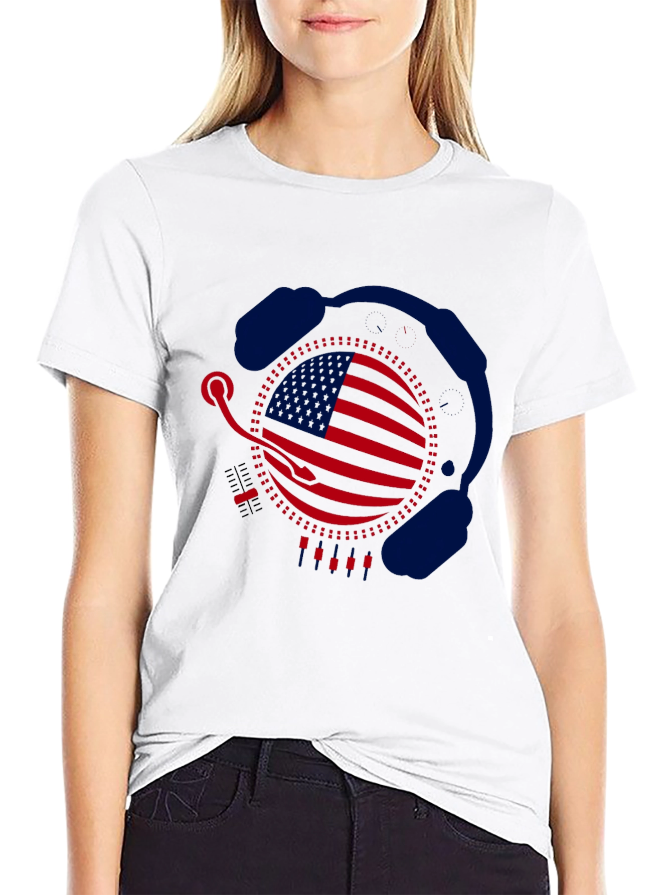 Camiseta Negra Diseño Bandera USA con Auriculares