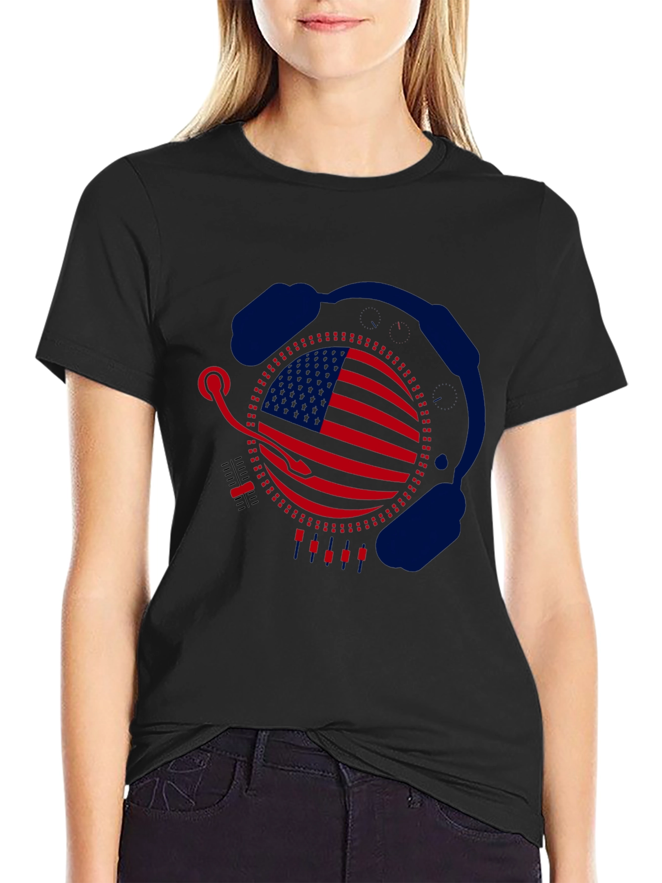 Camiseta Negra Diseño Bandera USA con Auriculares