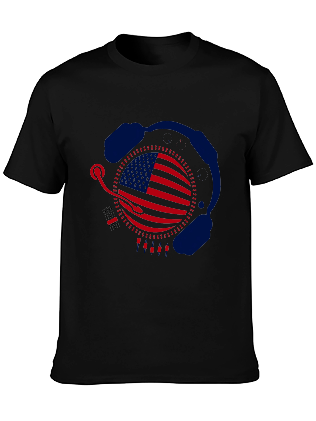 Camiseta Negra Diseño Bandera USA con Auriculares