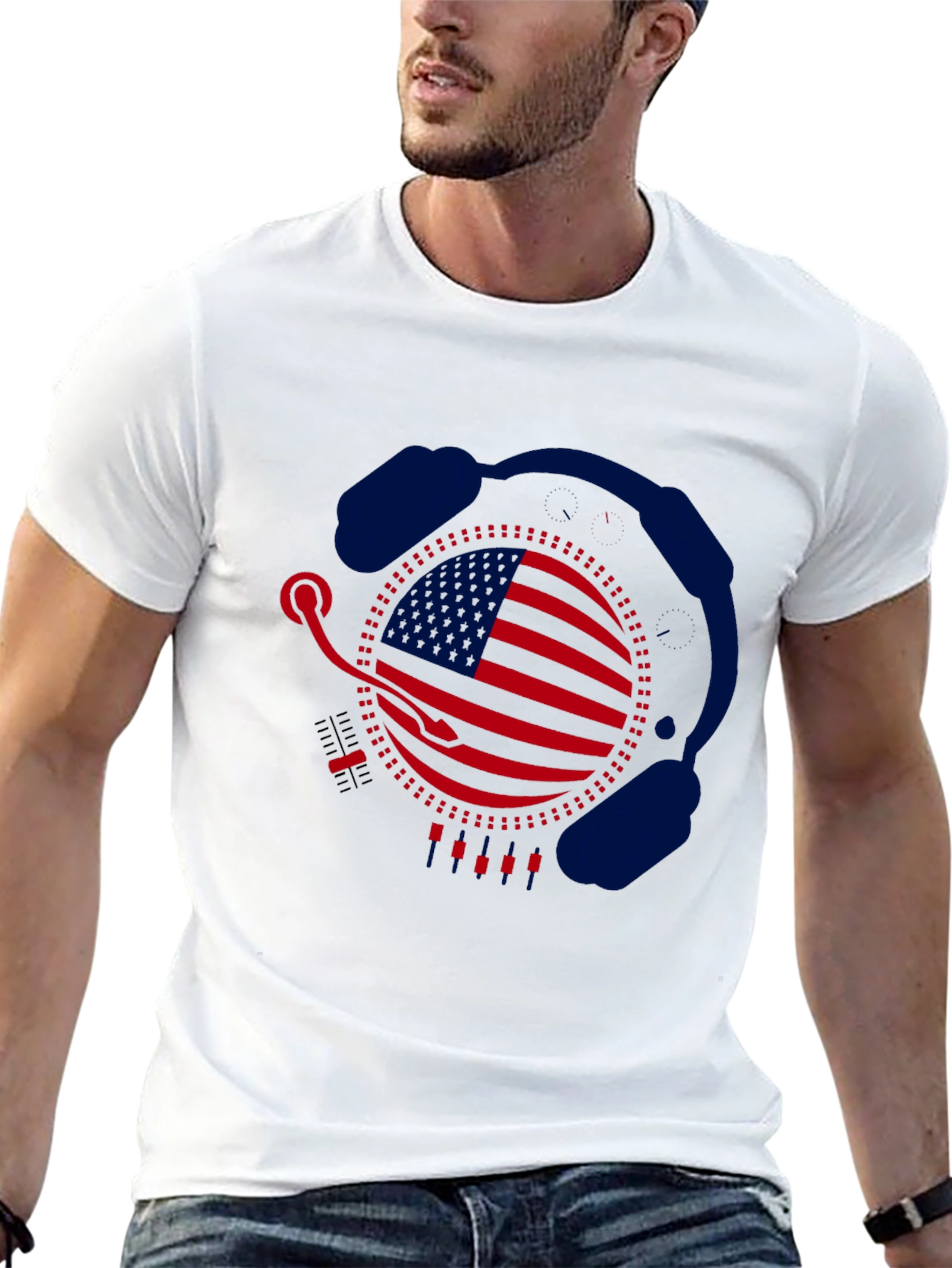 Camiseta Negra Diseño Bandera USA con Auriculares