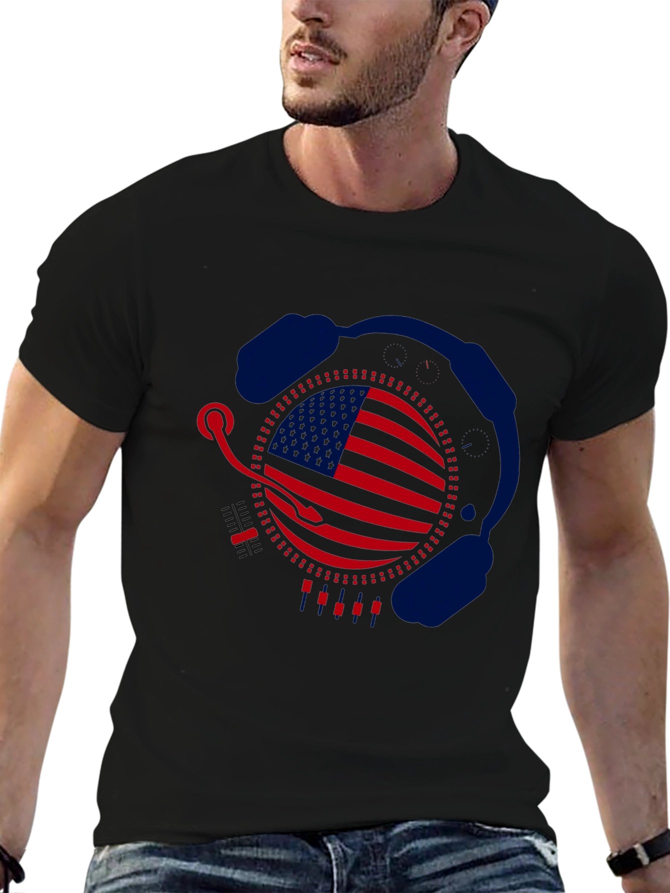 Camiseta Negra Diseño Bandera USA con Auriculares
