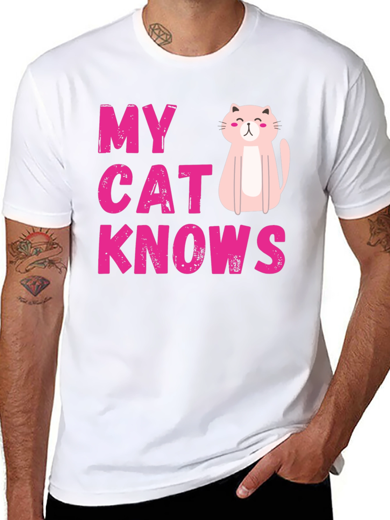 Camiseta Negra My Cat Knows Diseño Gato Rosa
