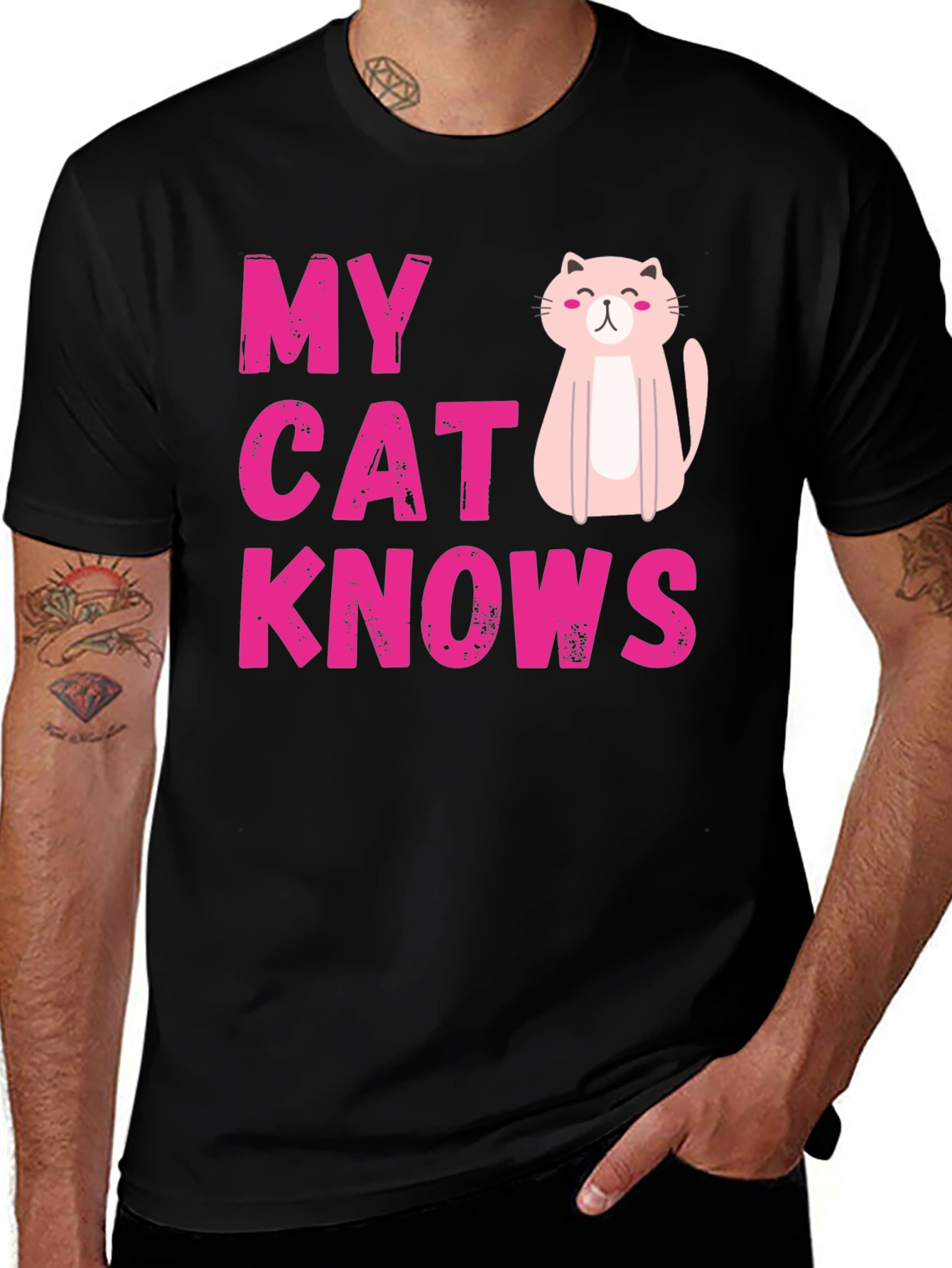 Camiseta Negra My Cat Knows Diseño Gato Rosa