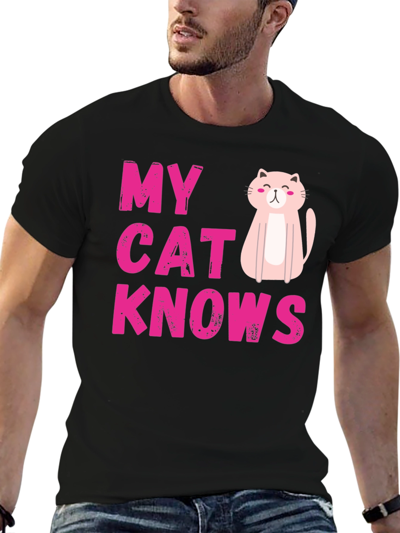 Camiseta Negra My Cat Knows Diseño Gato Rosa