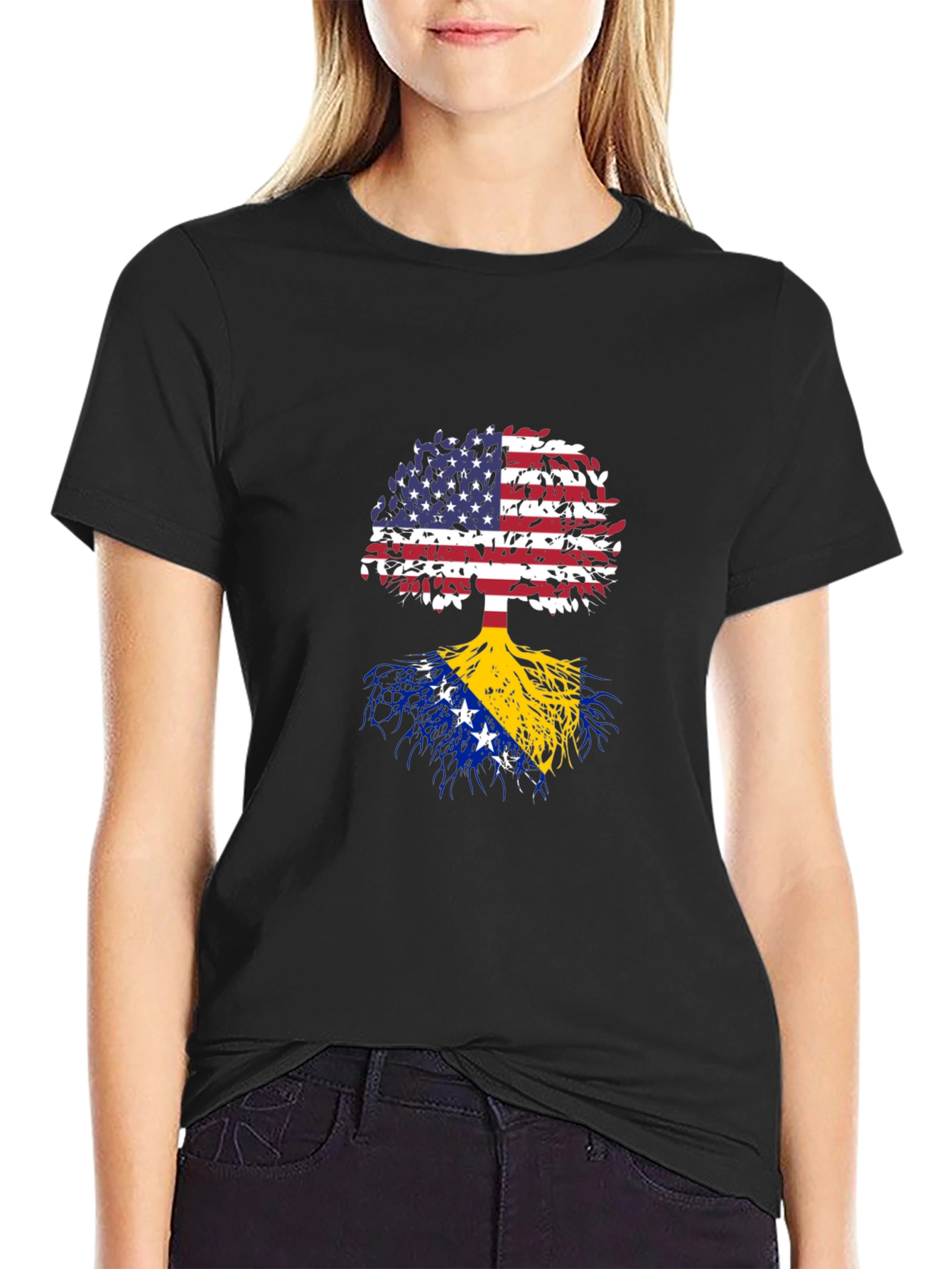 Camiseta Negra Árbol USA y Bosnia