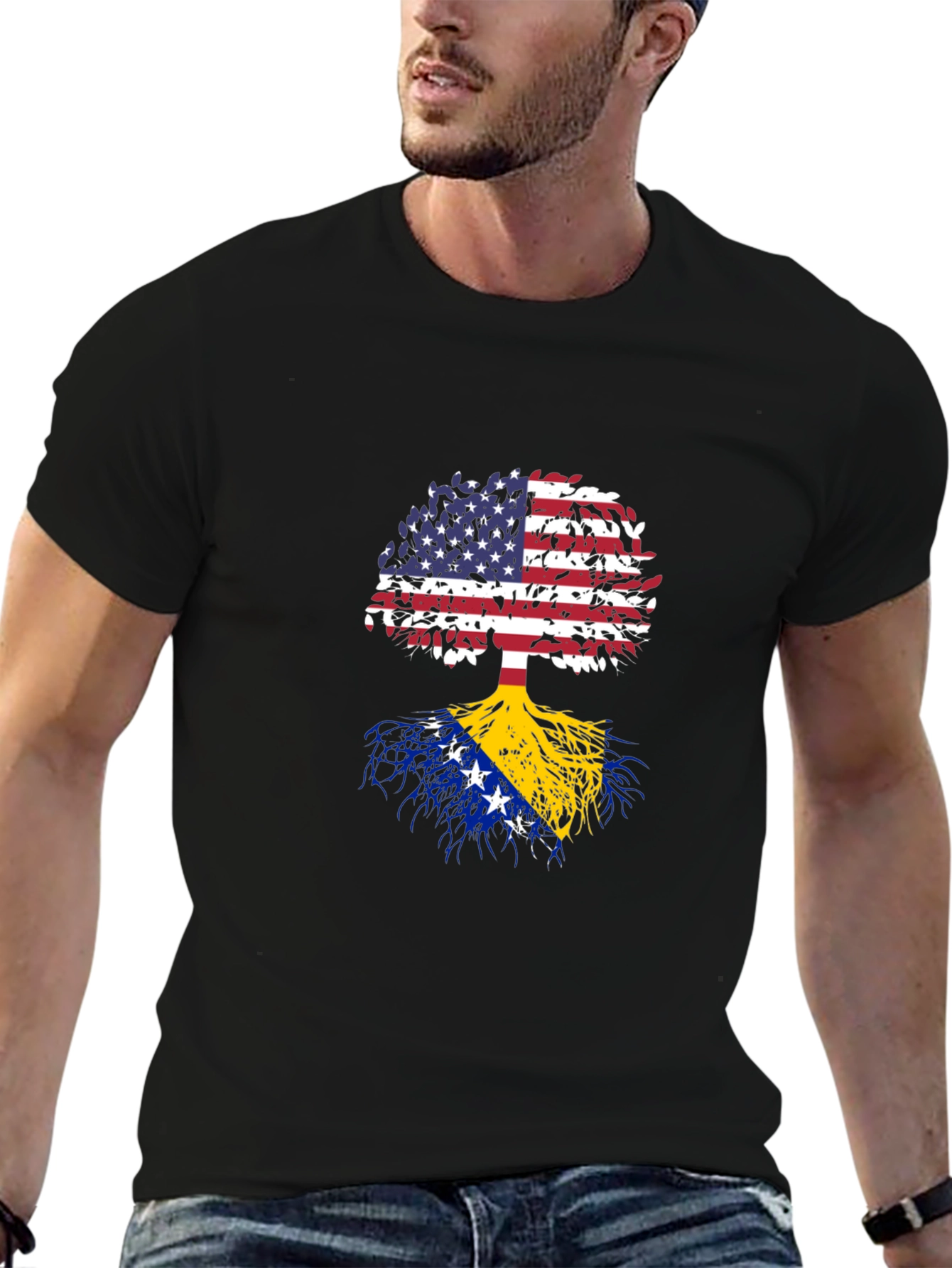Camiseta Negra Árbol USA y Bosnia