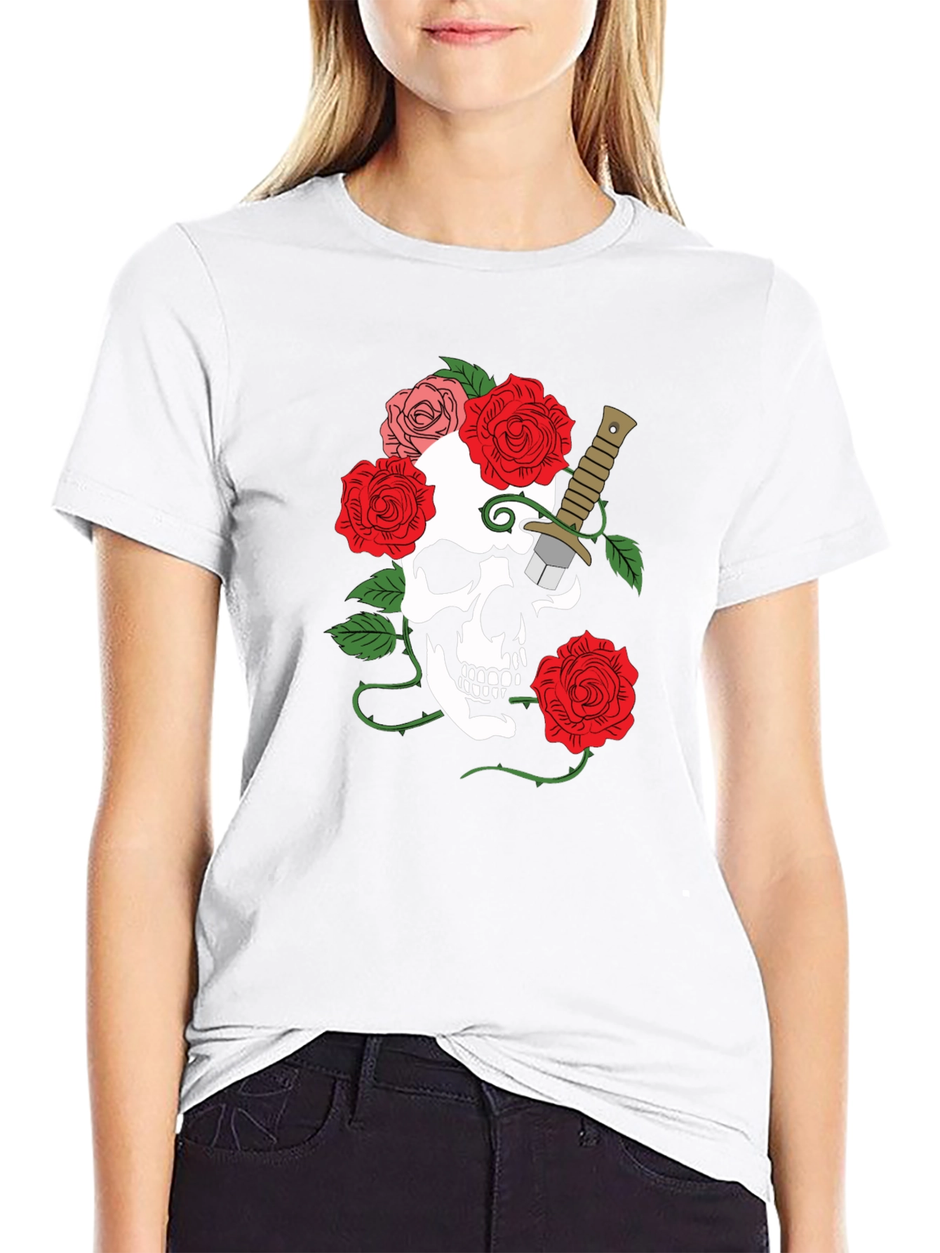 Camiseta Negra con Calavera y Rosas
