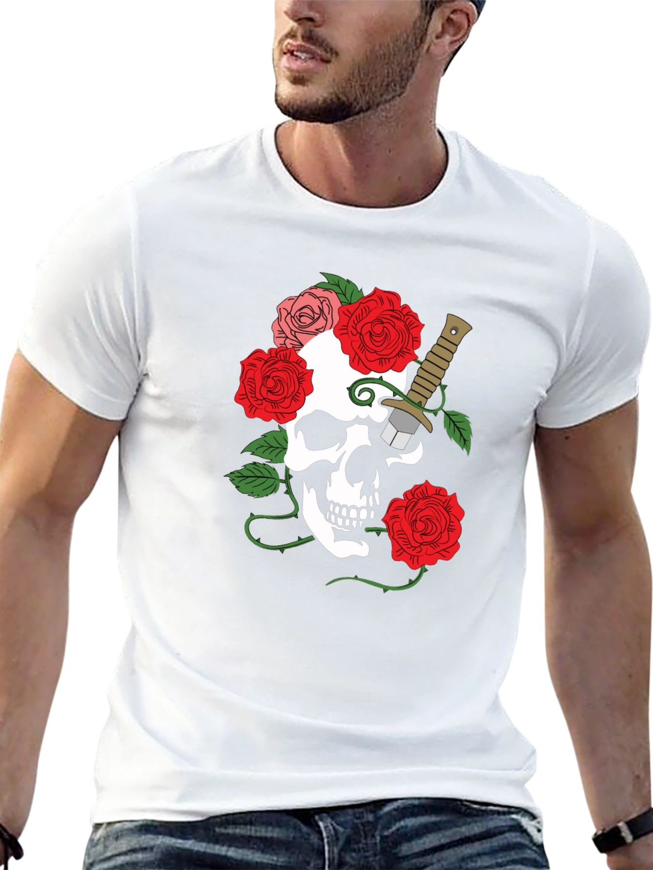 Camiseta Negra con Calavera y Rosas