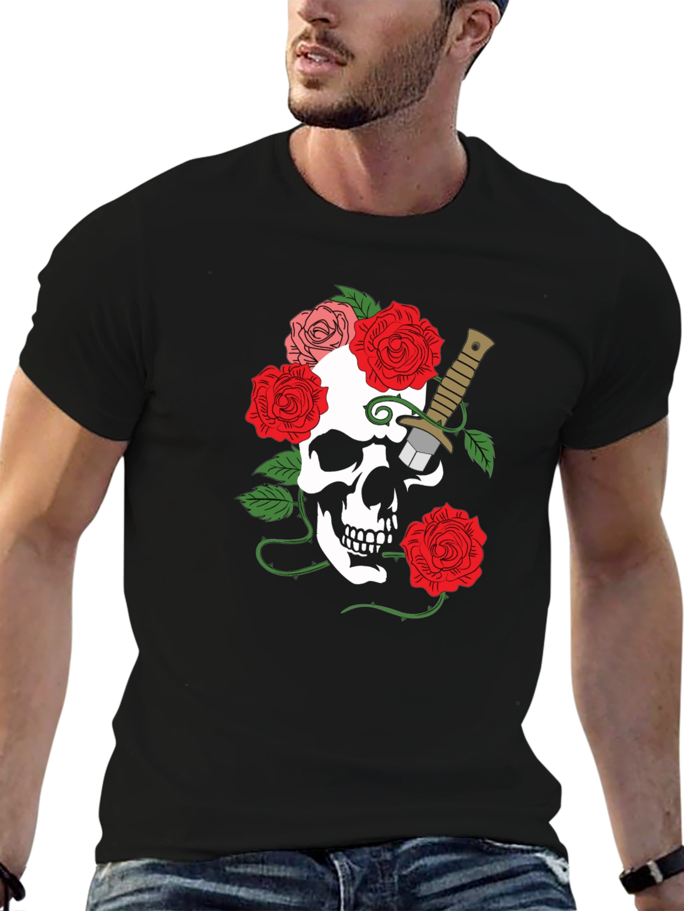 Camiseta Negra con Calavera y Rosas