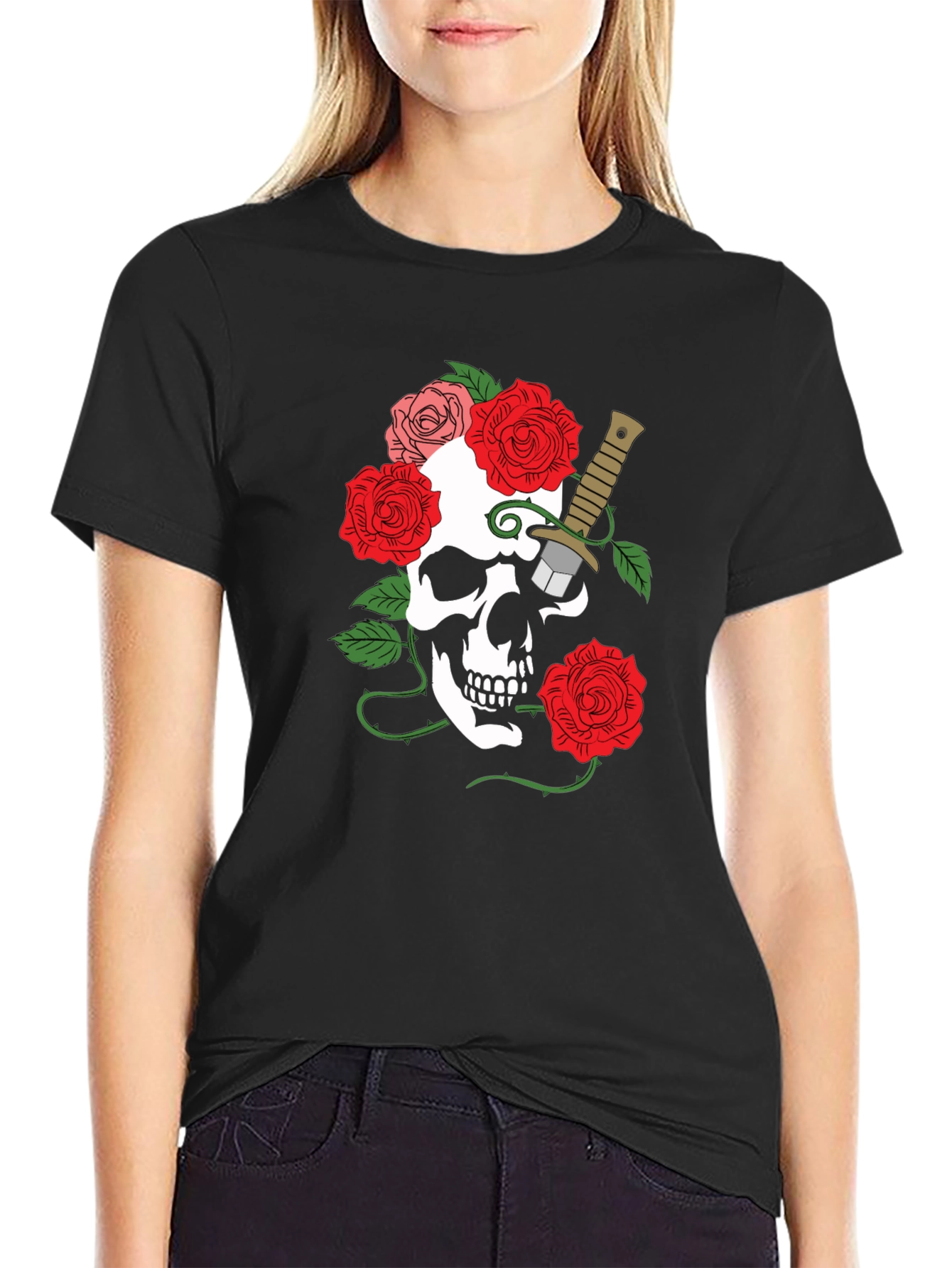 Camiseta Negra con Calavera y Rosas