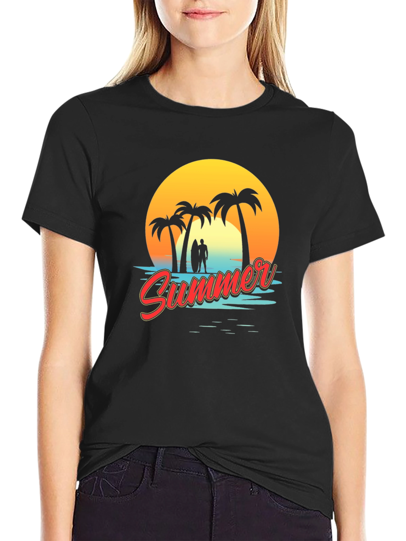 Camiseta Negra Estampada Verano Tropical
