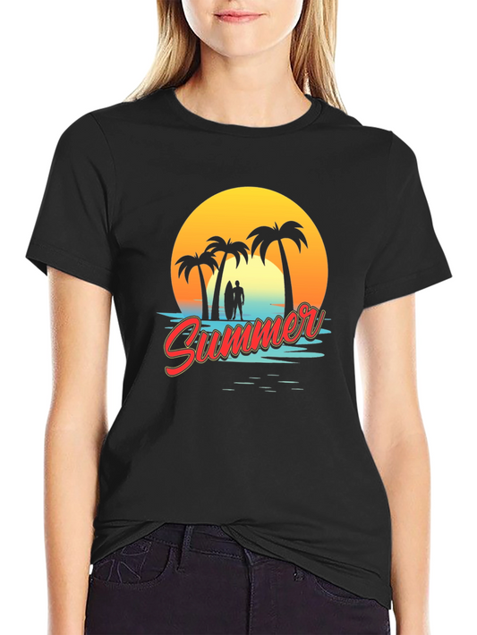 Camiseta Negra Estampada Verano Tropical