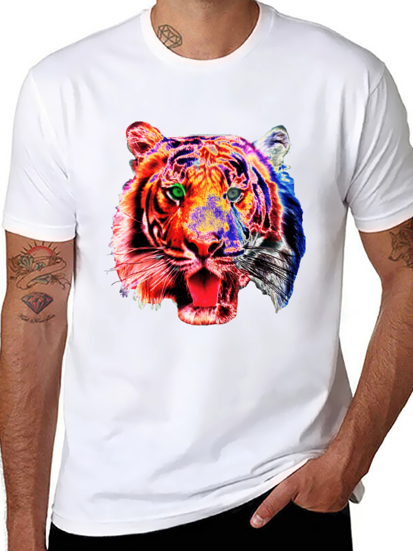 Camiseta Negra con Estampado de Tigre Psicodélico