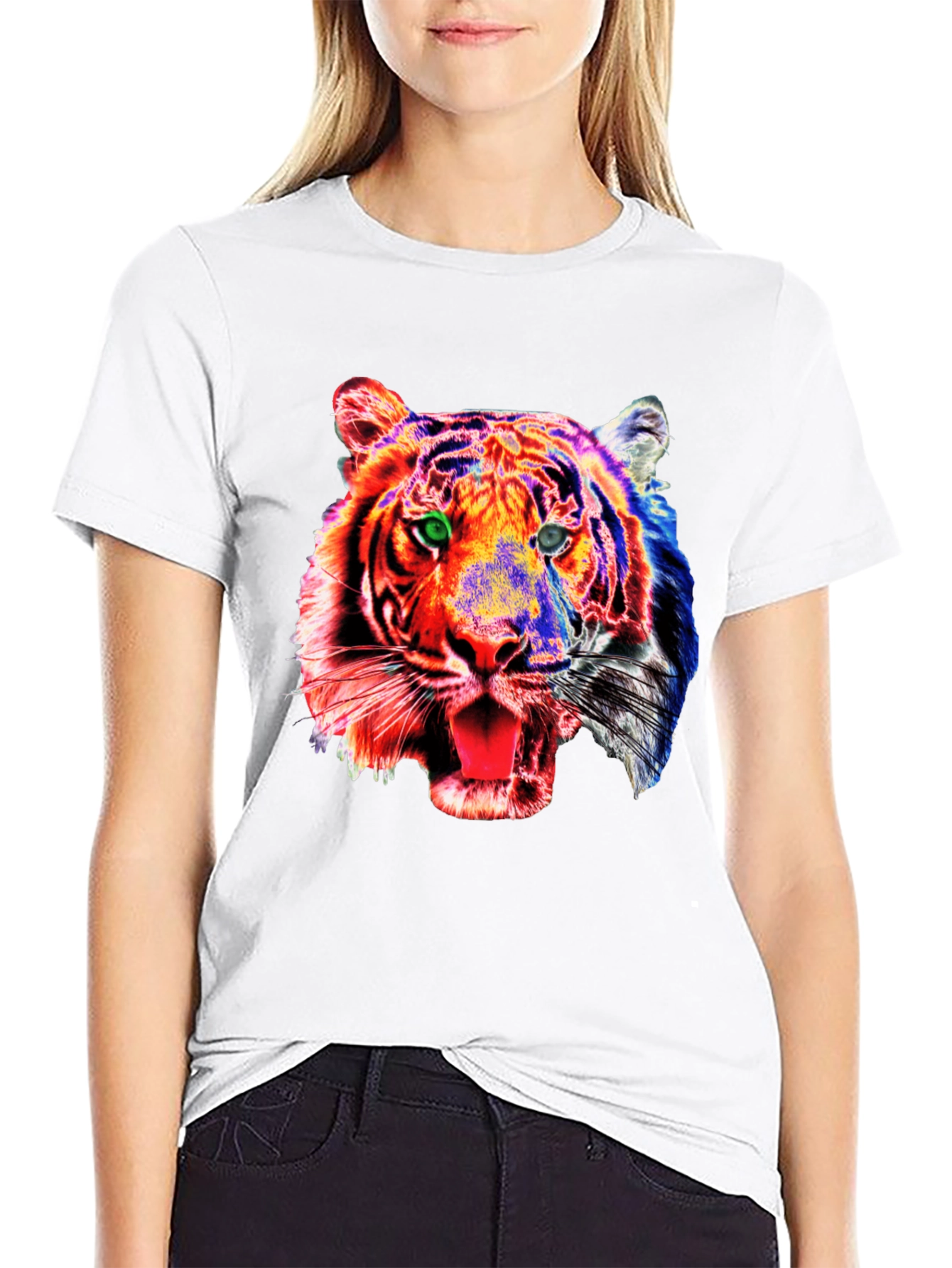 Camiseta Negra con Estampado de Tigre Psicodélico