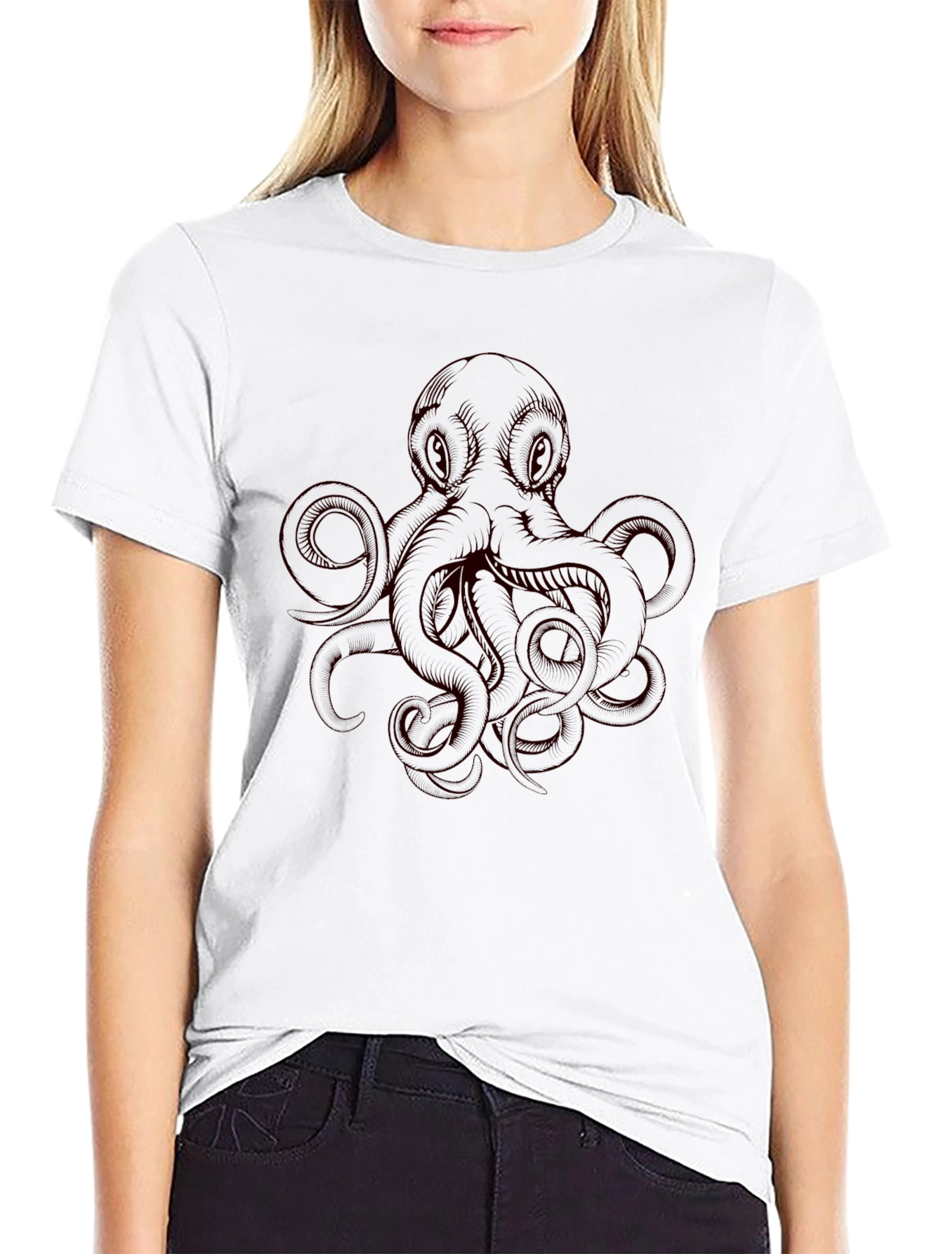 Camiseta Negra con Diseño de Pulpo Rojo