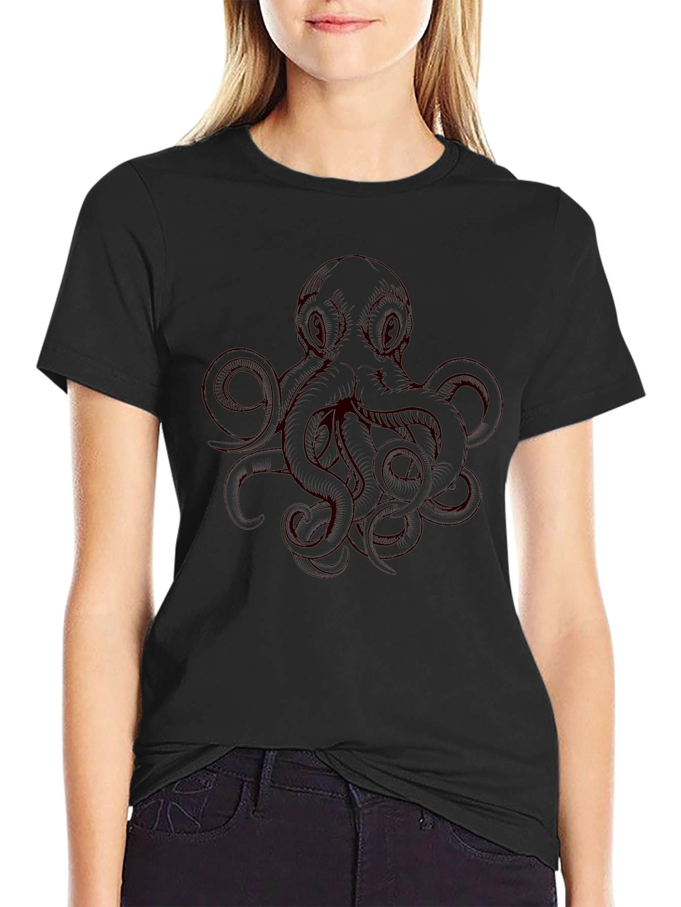 Camiseta Negra con Diseño de Pulpo Rojo