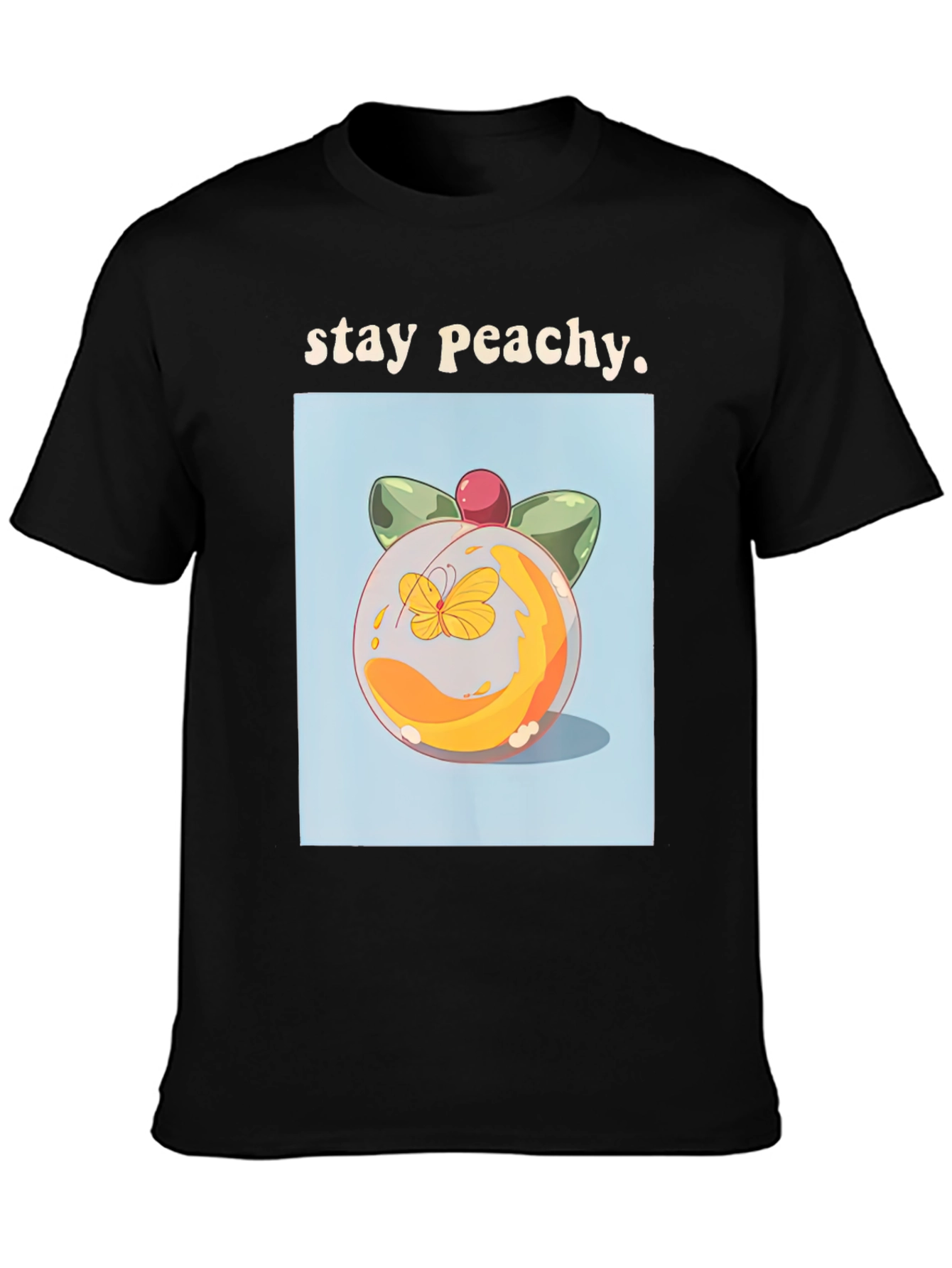 Camiseta Negra Stay Peachy con Diseño de Durazno
