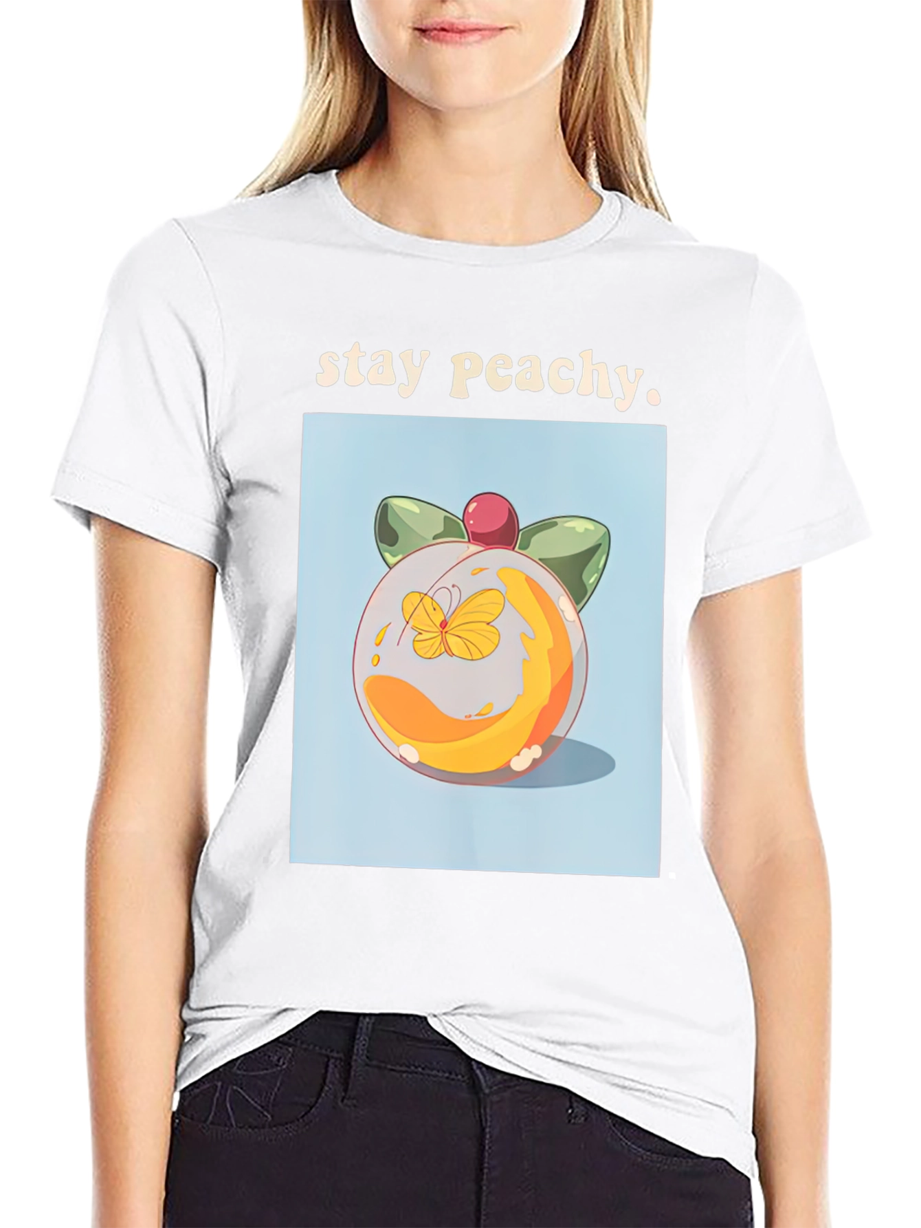 Camiseta Negra Stay Peachy con Diseño de Durazno