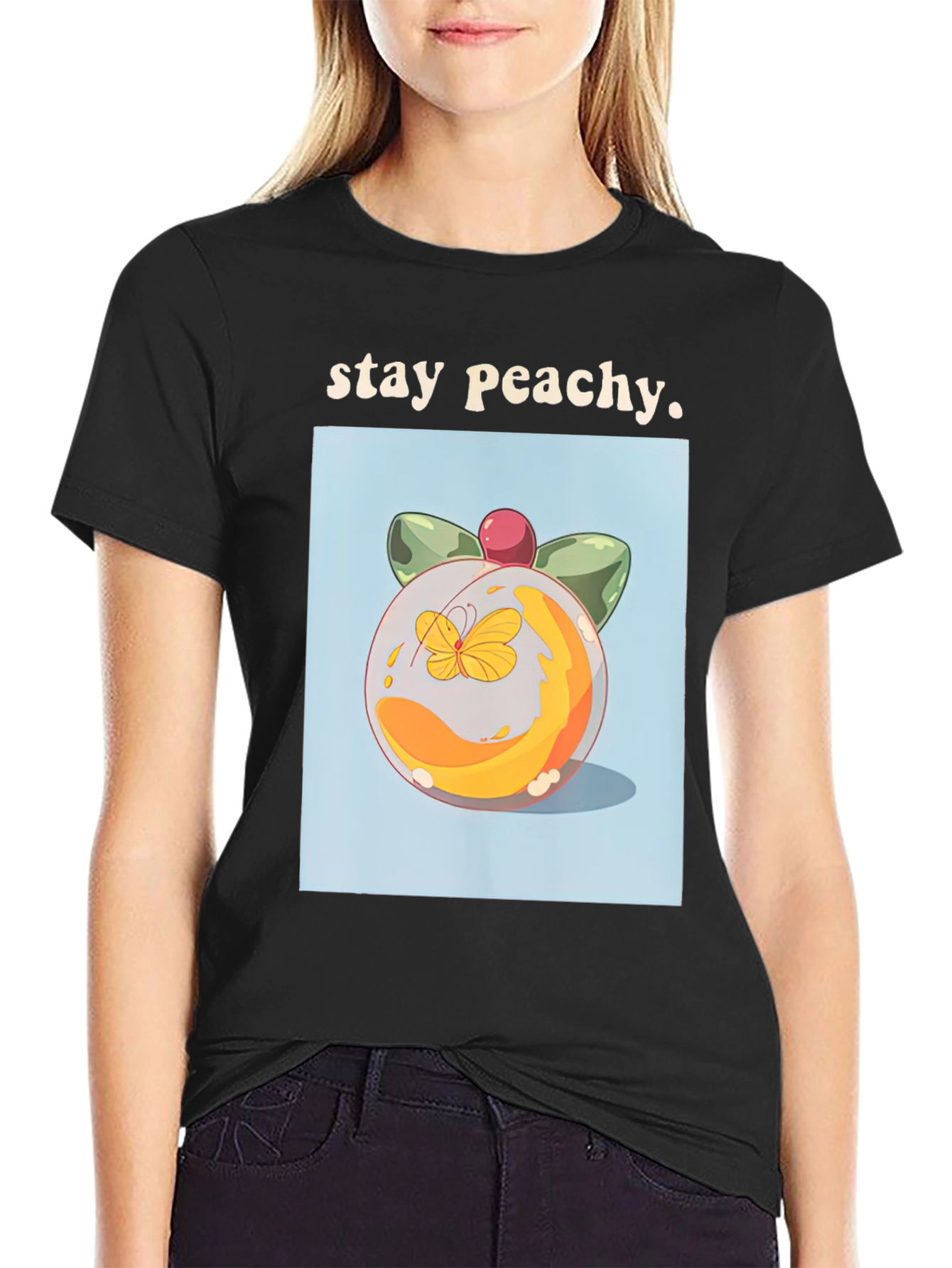 Camiseta Negra Stay Peachy con Diseño de Durazno