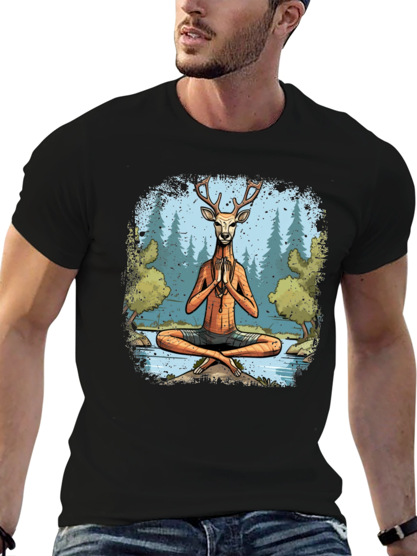 Camiseta Negra Yoga Ciervo Zen