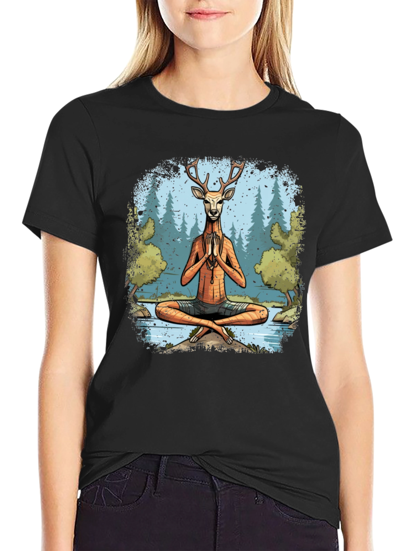 Camiseta Negra Yoga Ciervo Zen