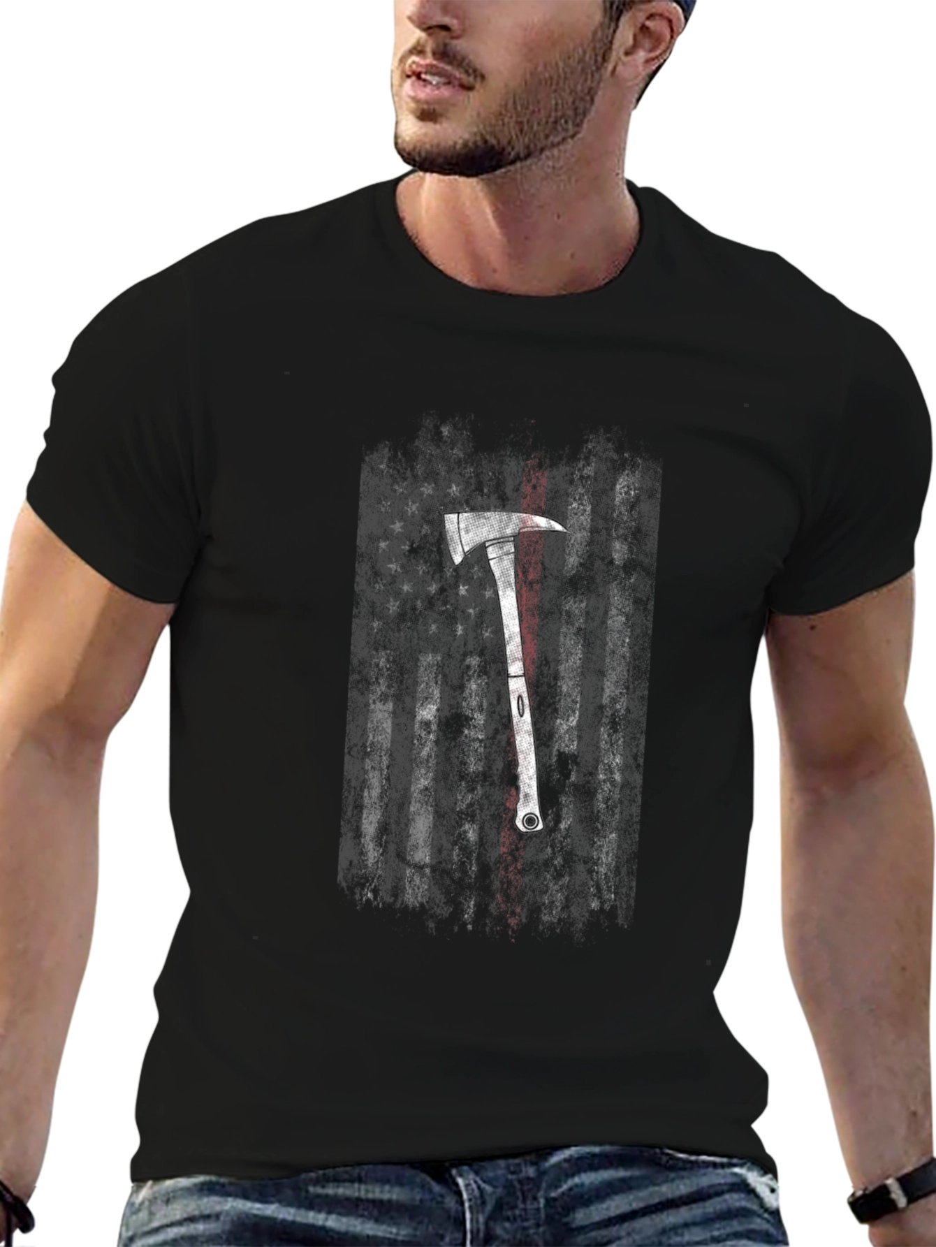 Camiseta Negra con Diseño de Hacha y Bandera