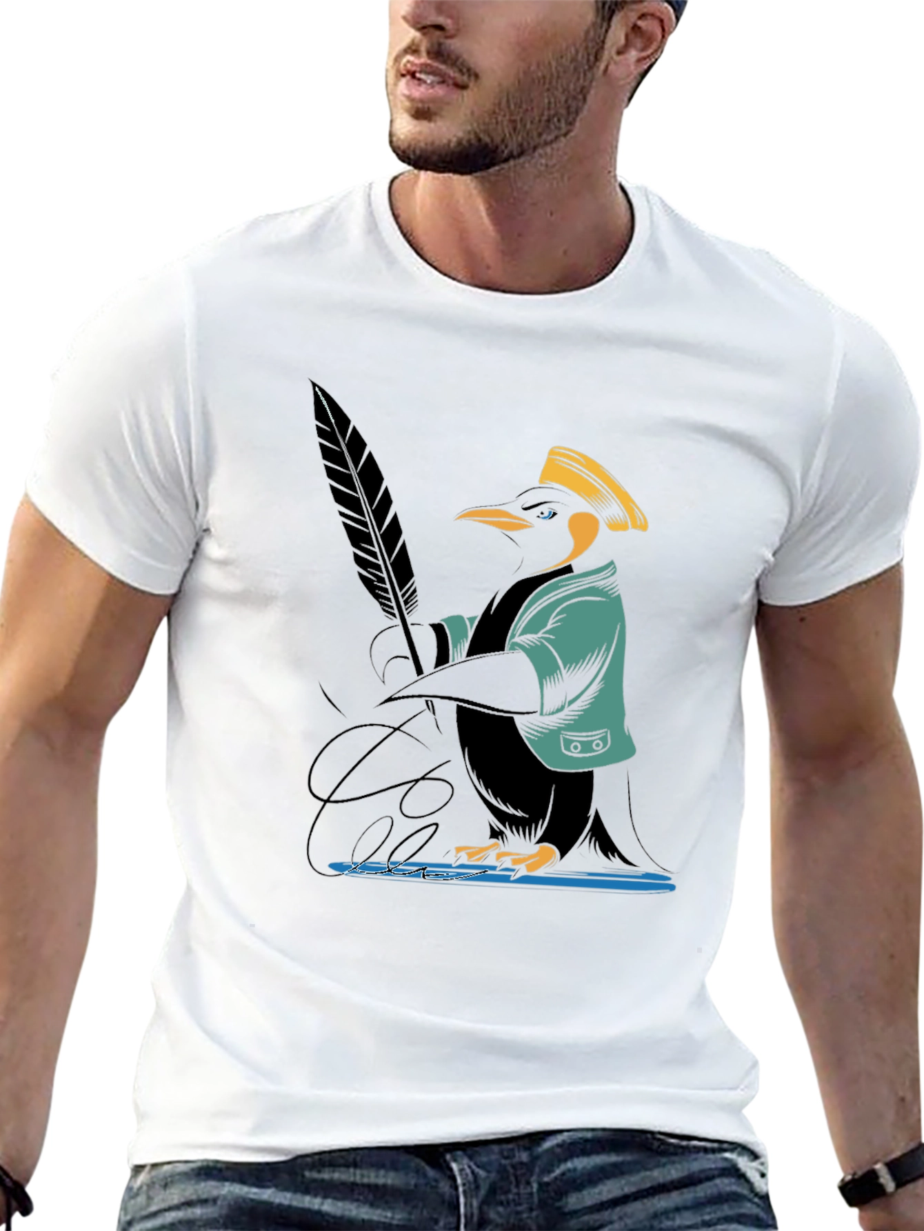 Camiseta Negra con Diseño de Pingüino Escritor