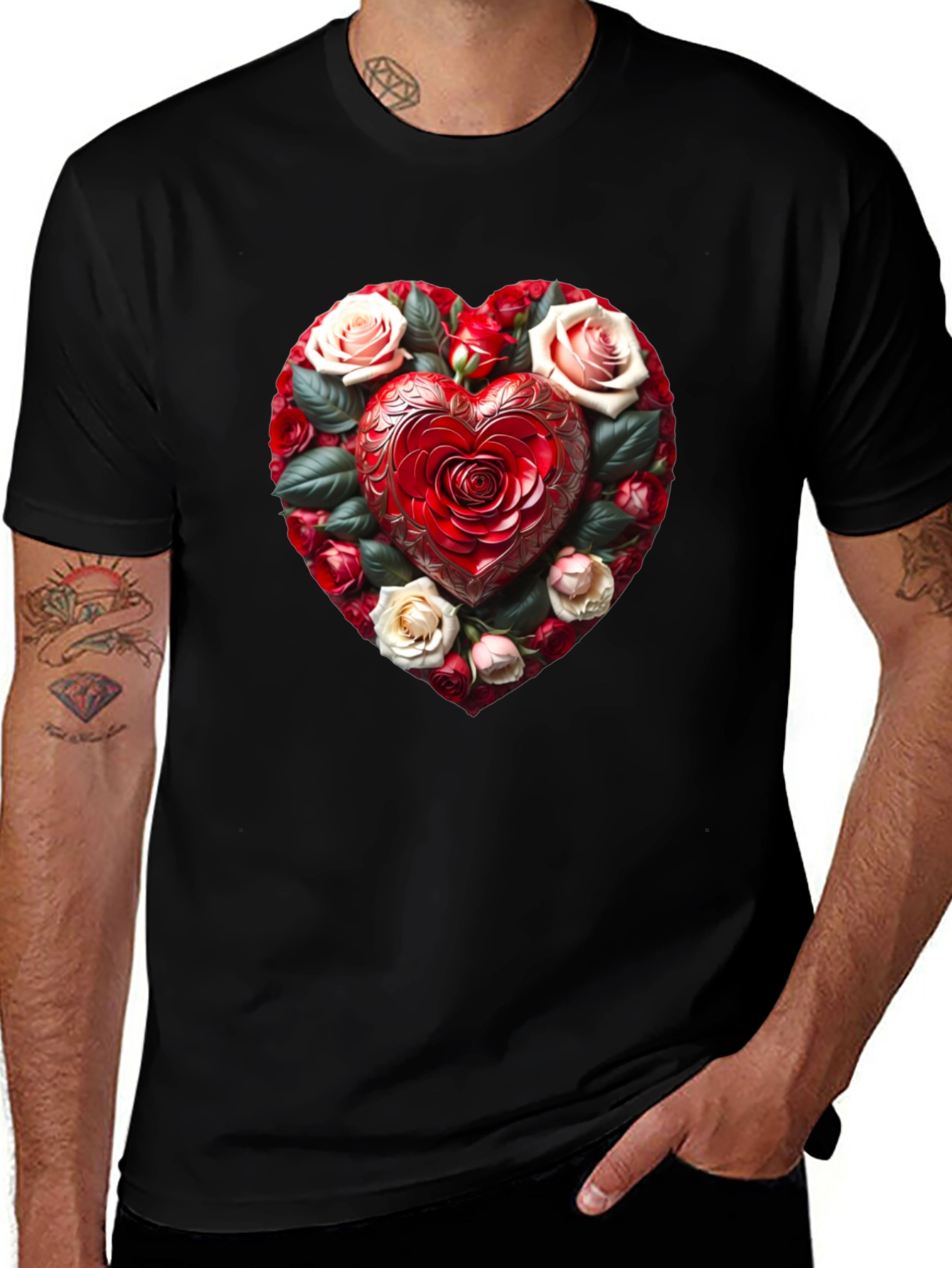 Camiseta Negra Corazón Floral Romántico
