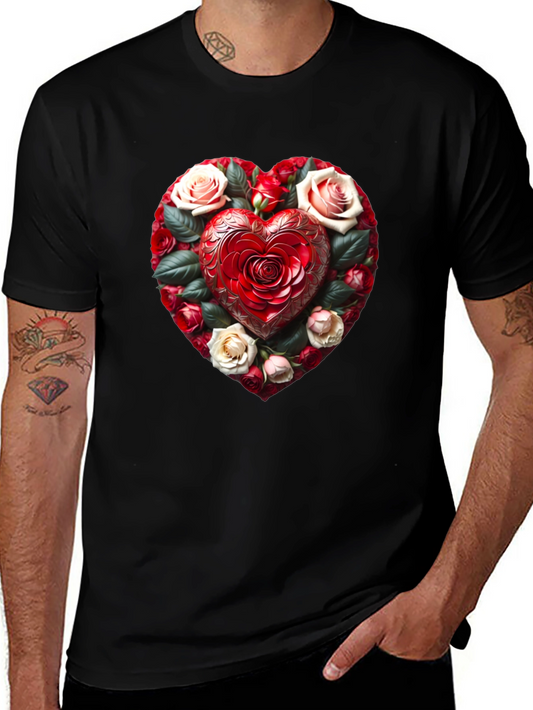 Camiseta Negra Corazón Floral Romántico