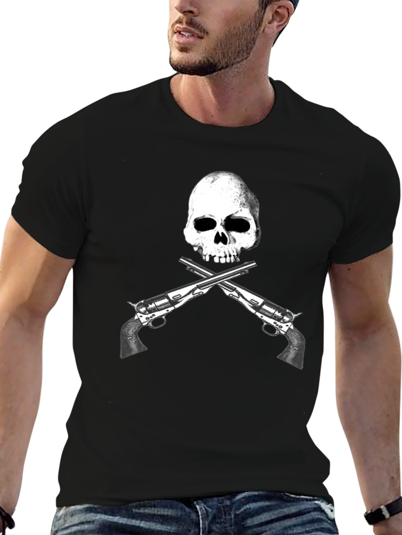 Camiseta Negra Calavera y Pistolas Cruzadas - Diseño Único
