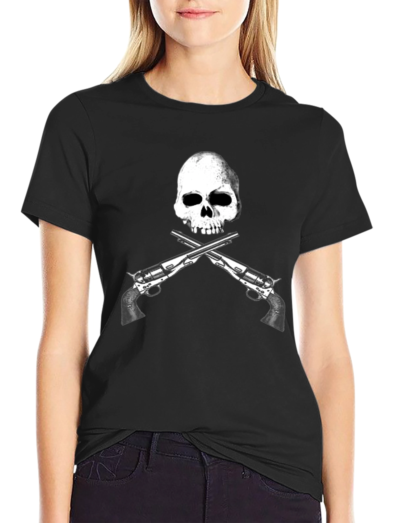Camiseta Negra Calavera y Pistolas Cruzadas - Diseño Único
