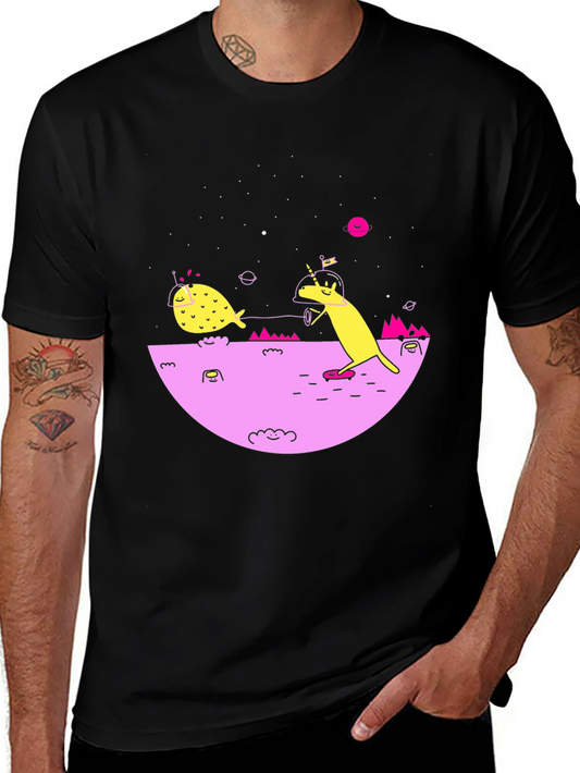 Camiseta Negra con Diseño Espacial Divertido